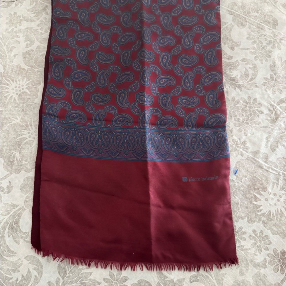 Pierre Balmain Designer Scarf Reversible Wool Silk Paisley Fringed